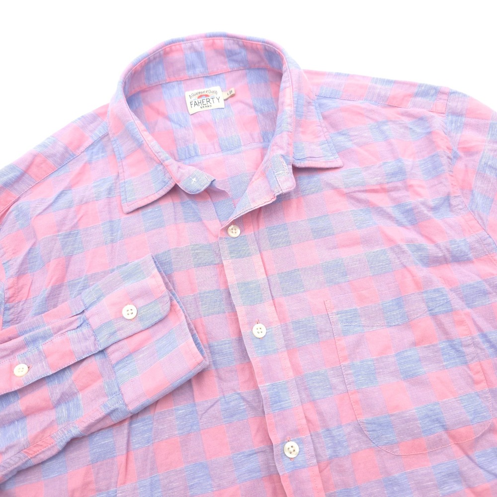 Faherty Stretch Men L Pink Blue Check Linen Summer Blend Button Down Shirt